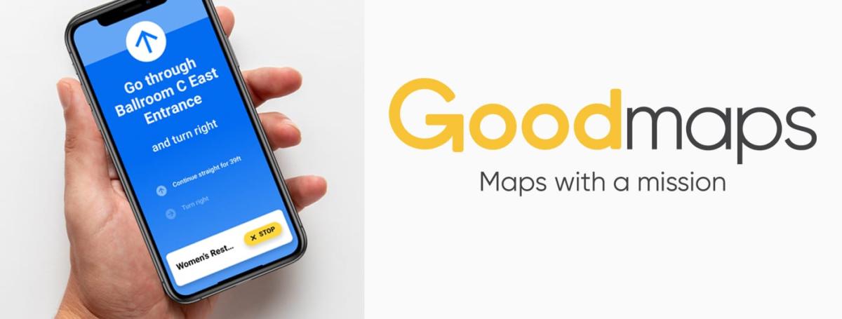 A hand holds an iPhone. The screen displays the GoodMaps app. Text: Goodmaps, maps with a mission.
