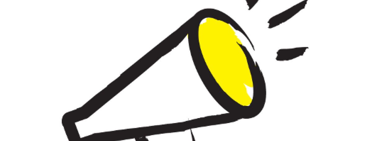 An illustration of a megaphone outlined in a black paintbrush style design with yellow accents.