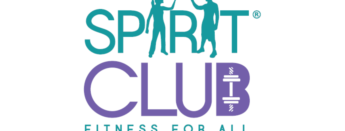 SPIRIT Club logo. An illustration of the word “Spirit” and “Club” with a silhouette of two people high-fiving in the centre of word ‘Spirit.’ Text: Spirit Club. Fitness for all.