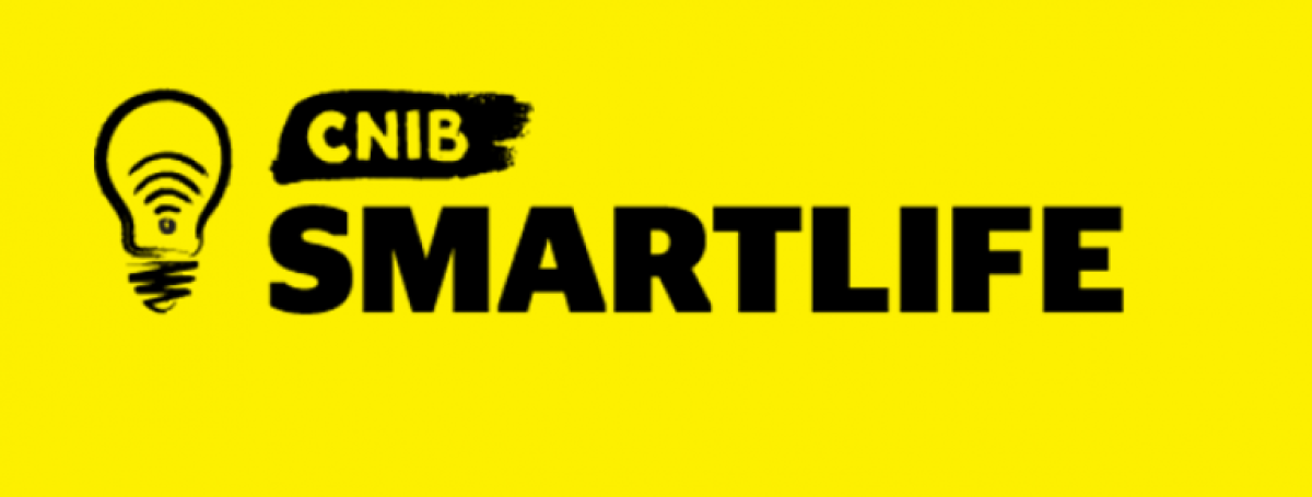 CNIB SmartLife logo. An illustration of a lightbulb on a bright yellow wallpaper. Text: CNIB Smartlife.