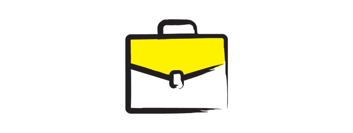 An illustration of a briefcase outlined in a black paintbrush style design with yellow accents.