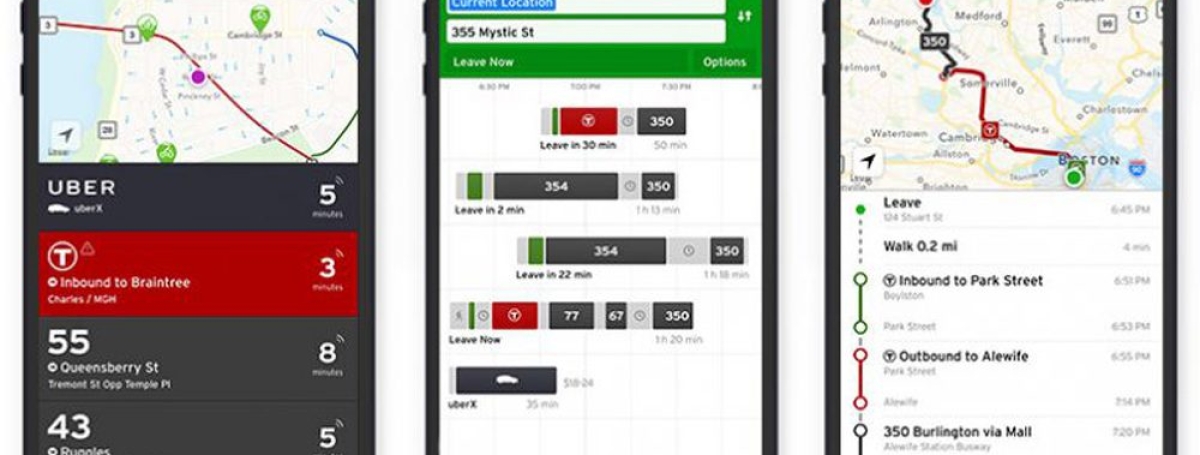 3 téléphones intelligents montrant des fonctionnalité de l'application Transit. On voit des cartes, des options de trajets, etc.