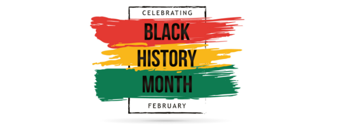 An index card with three different brushstrokes. One brushstroke in red, one in yellow and one in green colours. Text: Celebrating Black History Month. February.