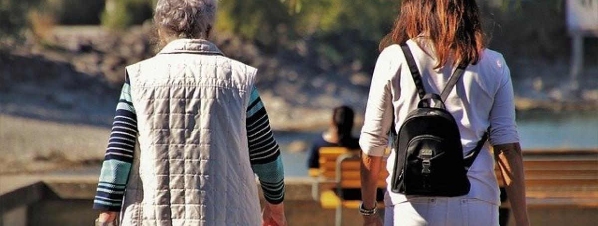 The backs of two people, an older woman and a younger woman, as they walk through a park.