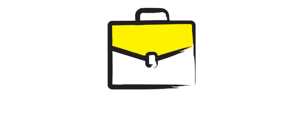 An illustration of a briefcase outlined in a black paintbrush style design with yellow accents.