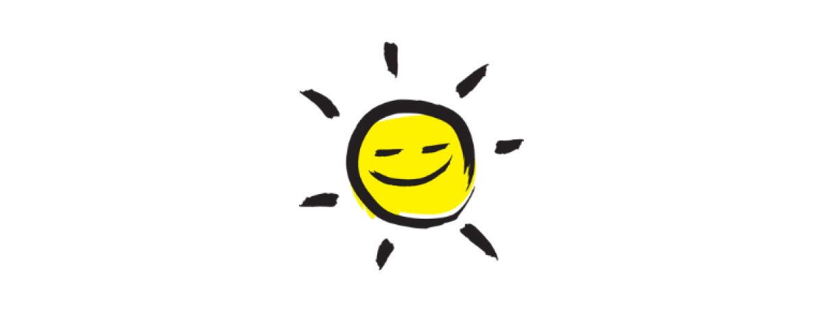 An illustration of a smiling sunshine icon outlined in a black paintbrush style design with yellow accents.
