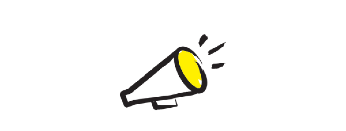 An illustration of a megaphone outlined in a black paintbrush style design with yellow accents.