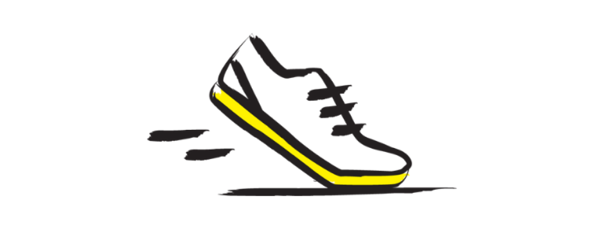 An illustration of a running shoe outlined in a black paintbrush style design with yellow accents.
