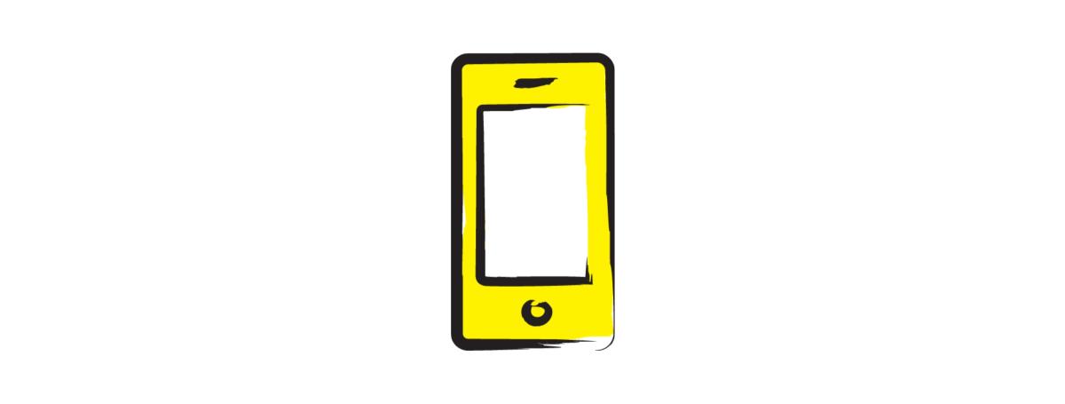 An illustration of a smartphone icon outlined in a black paintbrush style design with yellow accents.