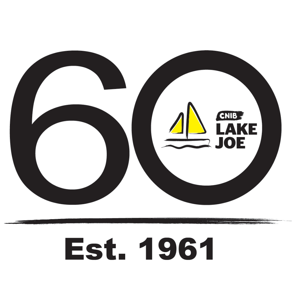 CNIB Lake Joe 60 logo. A large "6" and "0" with the CNIB Lake Joe sailboat logo inside the "0". Text: Est 1961
