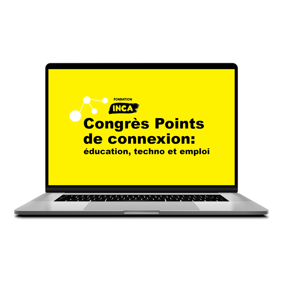 Un ordinateur portable présentant le logo bilingue du congrès Points de connexion sur un écran jaune.