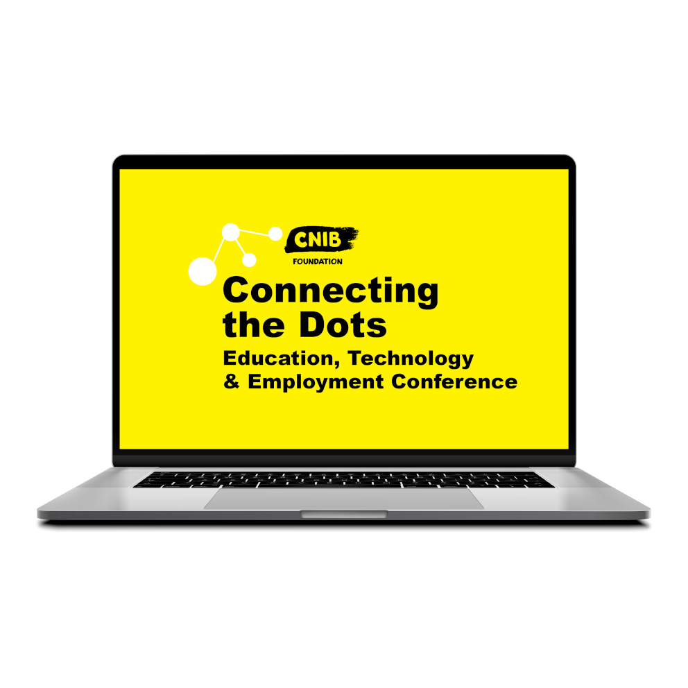 A laptop computer. Displayed on the screen is the bilingual Connecting the Dots logo.