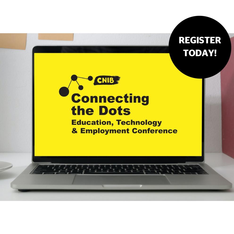 A laptop computer. Displayed on the screen is the Connecting the Dots logo.