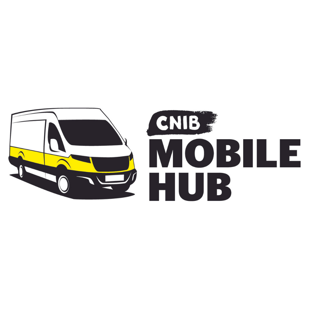  CNIB Mobile Hub logo. A graphic art illustration of a white cargo van outlined with yellow and black accents. Text: CNIB Mobile Hub.