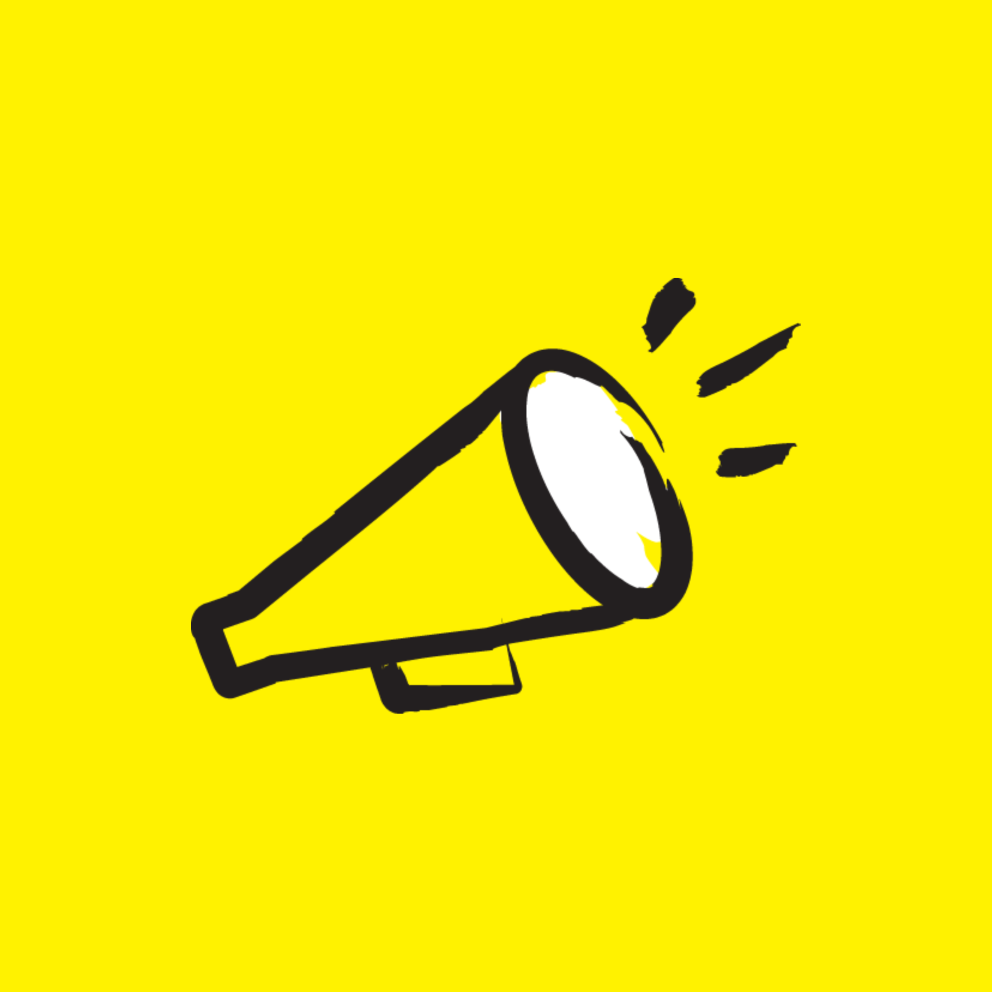 Image d'un porte-voix dessiné en noir au pinceau avec des accents jaunes.