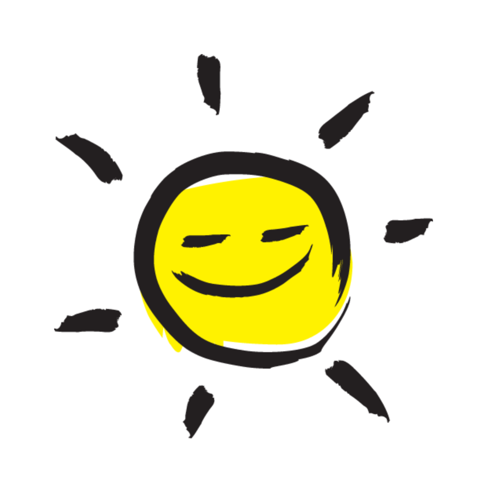 Une image de soleil souriant dans un dessin de style paintbrush noir.