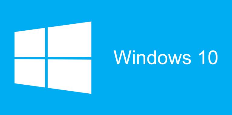 logo de Windows 10 blanc sur un fond bleu avec un icone représentant 4 fenêtres.