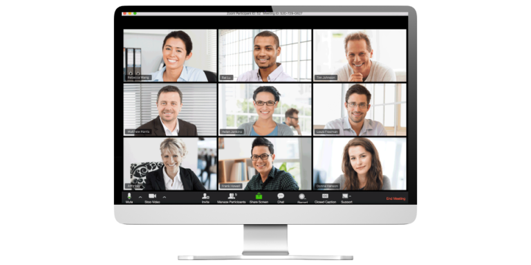 A computer monitor displays multiple video streams featuring people video-conferencing at home.