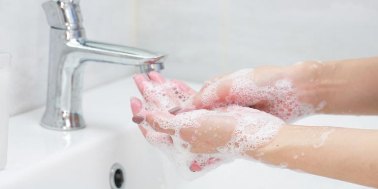 Hands, lathered in soap, are rinsed at a sink. 