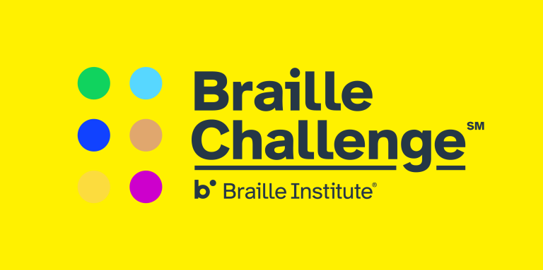 The Braille Challenge Logo. An illustration of six colourful braille cells. Text: Braille Challenge. Braille Institute.