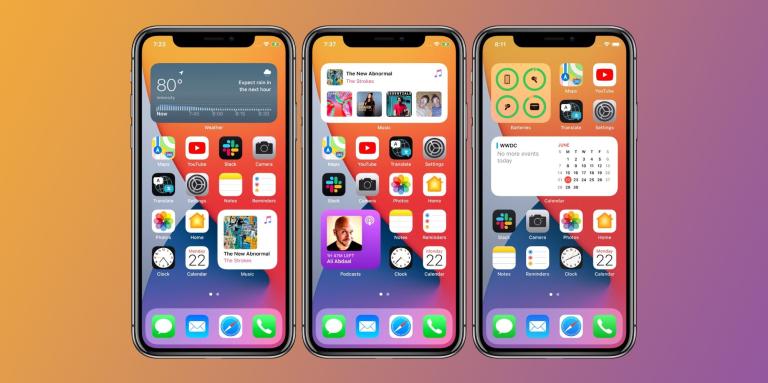 Three iPhone 11's sit side-by-side. Each device is displaying iOS Widgets.