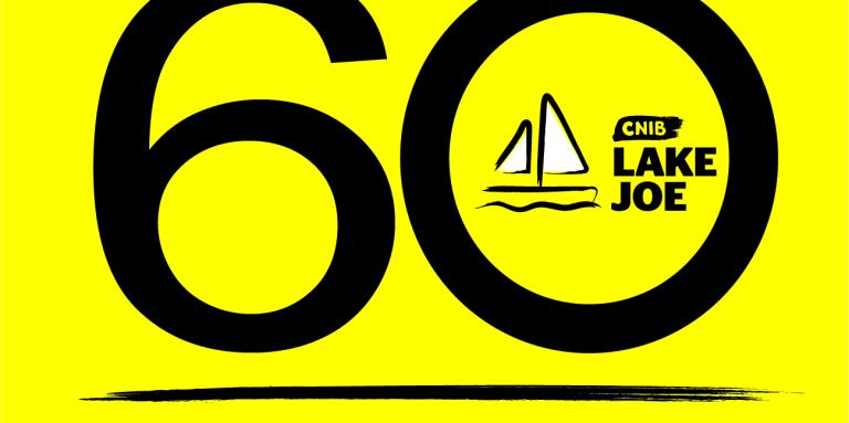 CNIB Lake Joe 60th Anniversary logo: Large "60" with a sailboat outline and "CNIB Lake Joe" inside the "0". There is a brush stroke underneath with "Est. 1961" below.