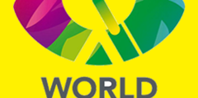World Blindness Summit logo. An illustration of a colourful iris and in the centre of the pupil is an outline of a silhouette walking with a white cane.