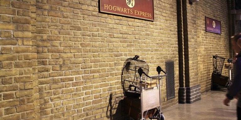 A photograph of the Hogwarts Express train platform.