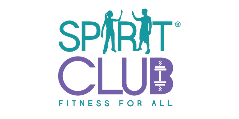 SPIRIT Club logo. An illustration of the word “Spirit” and “Club” with a silhouette of two people high-fiving in the centre of word ‘Spirit.’ Text: Spirit Club. Fitness for all.