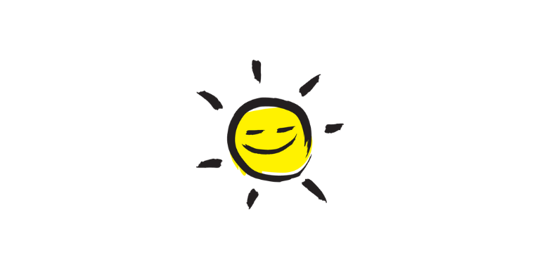 An illustration of a smiling sunshine icon outlined in a black paintbrush style design with yellow accents.