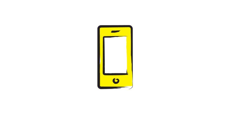 An illustration of a smartphone outlined in a black paintbrush style design with yellow accents.