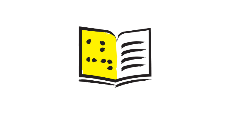 An illustration of a braille book outlined in a black paintbrush style design with yellow accents.