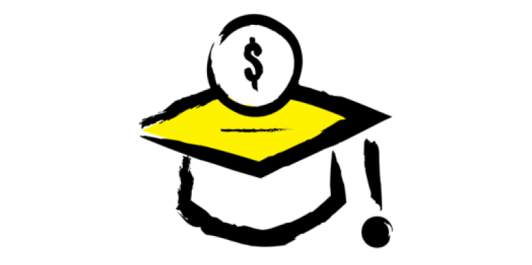 An illustration of a graduation cap with a dollar sign floating above the cap.