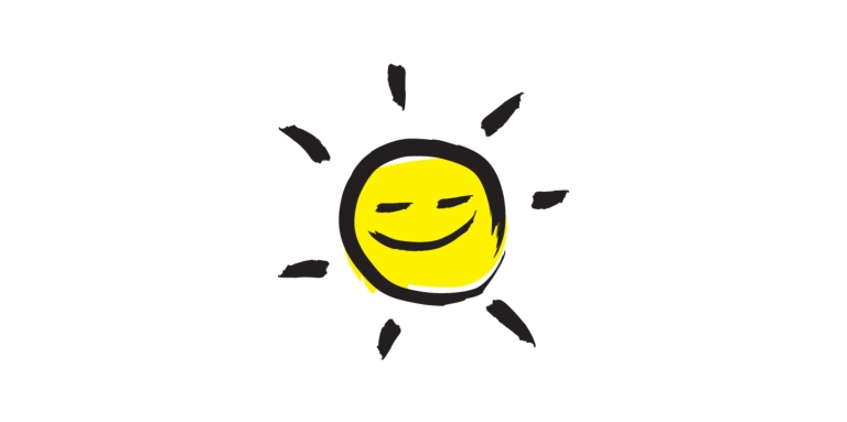 Illustration d'une icône de soleil souriant dans un dessin de style pinceau noir avec des accents jaunes.