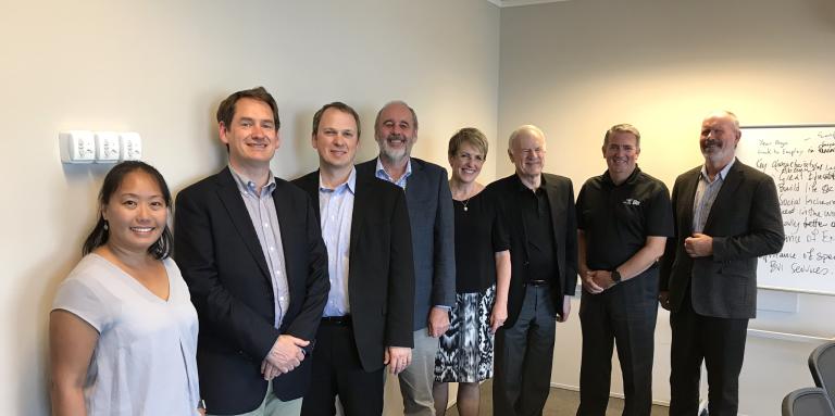 Group photo. From the left: Dr Yue-Ting Siu, Board Member, Lighthouse, San Francisco, USA Andrew Moffat, Chair, Vision Australia Matt Wieseler, Director of Strategic Intelligence, NIB (National Industries for the Blind, USA) Ron Hooton, CEO, Vision Australia Sandra Budd, Chief Executive, Blind Foundation New Zealand Ron Kruzeniski, Chair, CNIB (Canadian Institute for the Blind) John Rafferty, President and CEO, CNIB Rick Hoskin, Chair, RNZFB