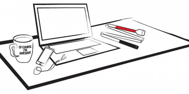 A cartoon drawing of a laptop sitting on top of a desk. To the right of the laptop is a white cane. To the left of the laptop is a coffee cup and a smartphone with earbuds. 