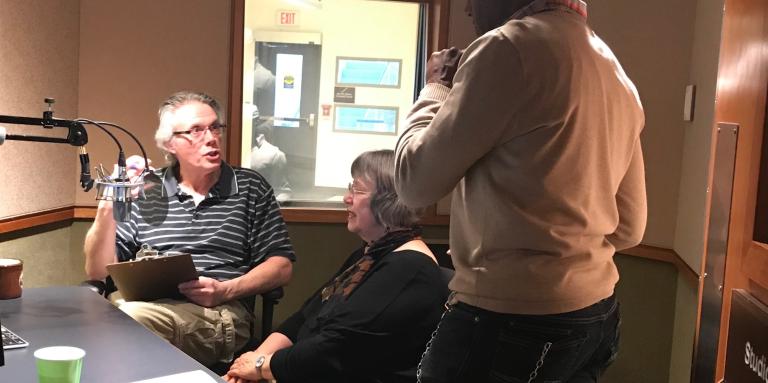 Photo of author K.D. Miller being interviewed by CNIB Unbound podcast host, James Denas.