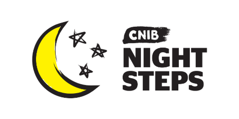 Logo de l'INCA Night Steps. Une illustration d'une demi-lune avec des étoiles. Texte "Étapes de nuit d'INCA"