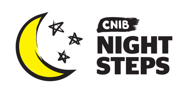 CNIB Night Steps logo. An illustration of a half moon with stars. Text "CNIB Night Steps"