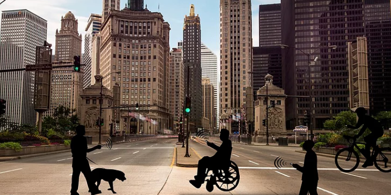 Image d'une ville avec des silhouettes noires représentant un quartier accessible à tous : une femme en poussette, une personne avec un chien-guide, une personne en fauteuil roulant, un cycliste, etc.