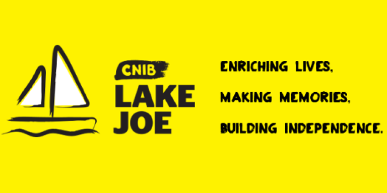 An illustration of a sailboat outlined in a black paintbrush style design. A dash of white paint appears on the boat sail. Text: CNIB Lake Joe.