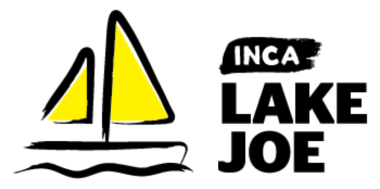 An illustration of a sailboat outlined in a black paintbrush style design. A dash of white paint appears on the boat sail. Text: CNIB Lake Joe.