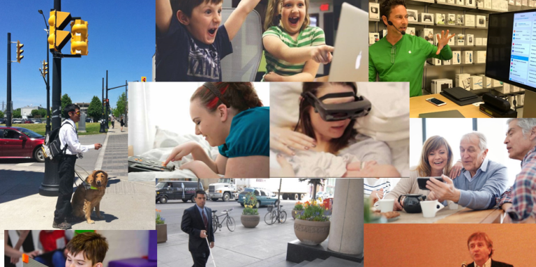 Collage de photos : un homme et un chien guide attendent à une intersecion, des enfants sourient devant un ordinateur, un homme portant un casque d'écoute donne une conférence, une jeune fille utiliser un lecteur Victor, une femme regarde son bébé naissant avec des lunettes eSight, un homme âgé et sa famille regardent un cellulaire, un homme en canne blanche habillé en habit monte les marches d'un immeuble, un jeune garçon touche des légos et un homme donne une présentation.