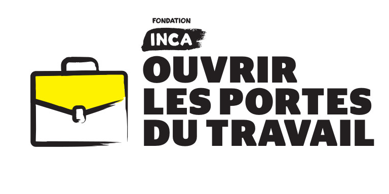 Un dessin de bande dessinée d'une mallette avec une bordure noire épaisse. "INCA Ouvrir Les Portes du Travail"