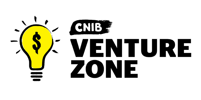 Illustration of the Venture Zone logo, which displays a bright yellow lightbulb with a dollar sign placed over it next to the words “CNIB Venture Zone”