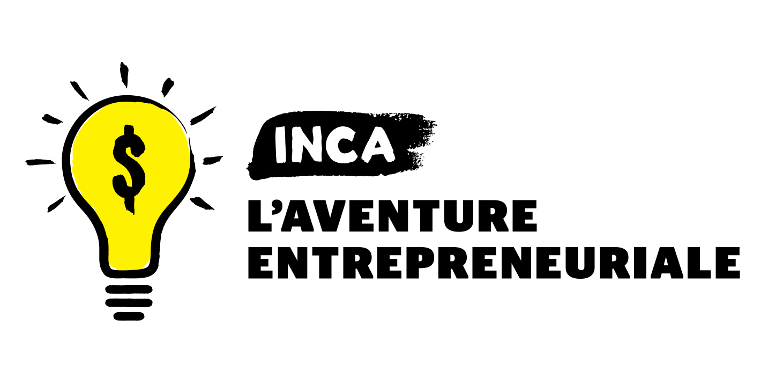 Illustration du logo du jeu Venture Zone, qui montre une ampoule jaune vif sur laquelle se trouve un signe de dollar et flanquée des mots « INCA L'Aventure Entrepreneuriale »