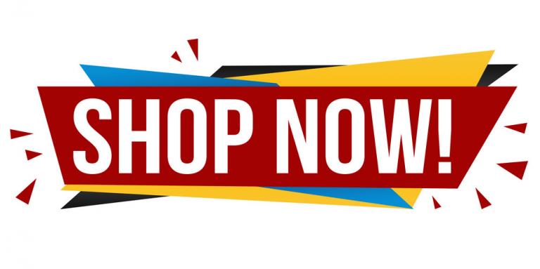 Une image rouge, jaune et bleu avec le texte : Shop Now! (Magasinez dès maintenant!)
