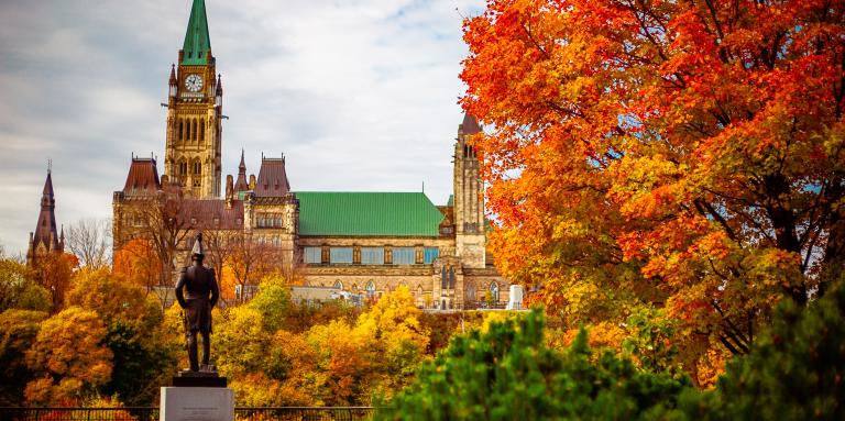 Photo of the Parliament of Canada with fall leaves in the foreground.