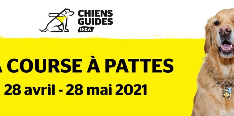 Le logo des Chiens-guides d’INCA. Sous le logo, on peut lire « La course à pattes, 28 avril-28 mai 2021 » sur fond jaune. À droite se trouve une photo de Carla, chien-guide de race golden retriever. Elle est flanquée du texte « Carla, directrice de course ».