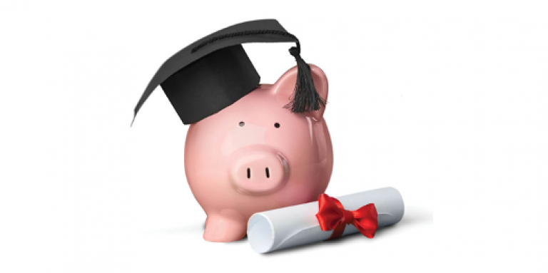 An illustration of a pink piggy bank wearing a black graduation cap. A diploma sits at the foot of the piggy bank.